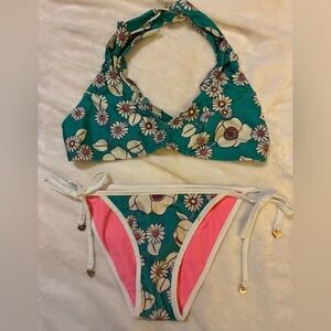 Wildfox Teal Floral & Pink Trim Halter Bikini